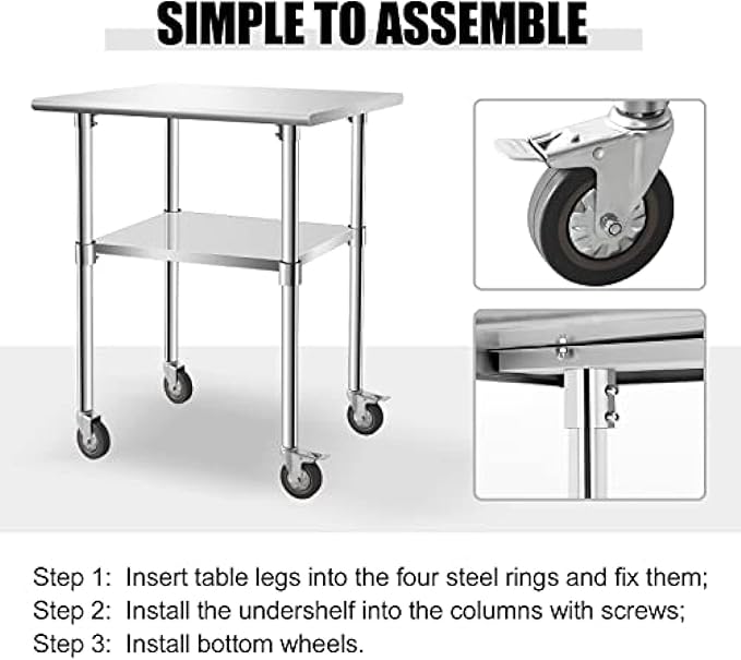 Stainless Steel Table - Metal Table Cart - Commercial Workbench with Caster Wheel - NSF Certified - for Restaurant, Warehouse, Home, Kitchen, Garage,30''x24''