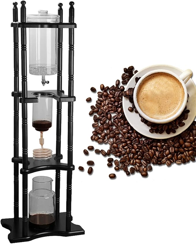 PSUFURV Cold Brew Coffee Maker, Ice Drip Coffee Maker for Coffees Shop in Wood and Hand-Blown Ice Tea Makers Slow Drip Coffees Makers with Slow Drip Technology