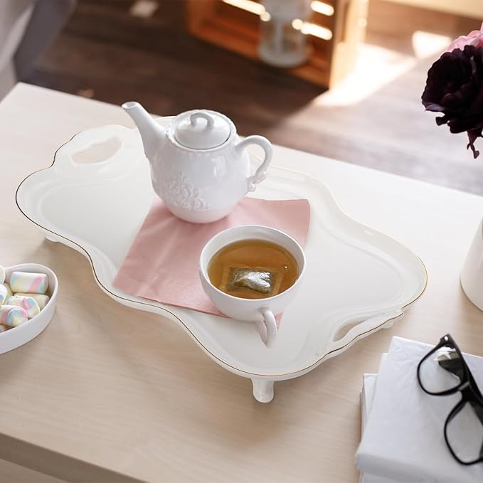 16" Ceramic Serving Tray with Handles, Vintage Large Serving Platter, Luxury British Style Coffee Table Tray, Decorative Dish with Golden Rim, Rectangular Tea Tray for Perfume for Living Room