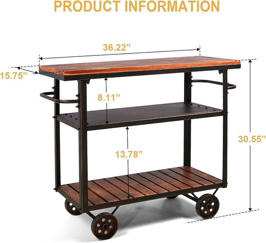 Topower Industrial Bar Cart, Serving Cart with Wheels and Handle, 3-Tier Beverage Metal Cart with Removable Tray and Storage Shelves for Living Room Kitchen, Rustic Copper