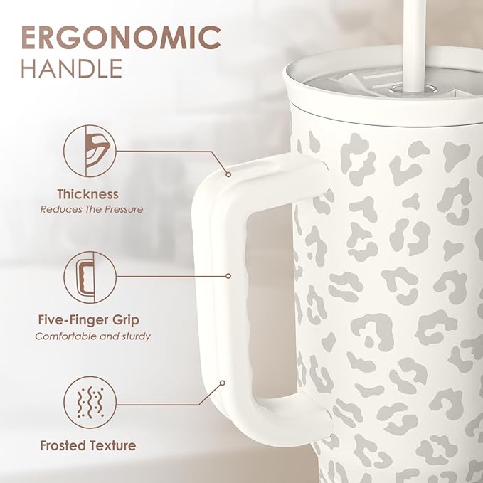 Leopard Tumbler with Handle, Insulated Cup Stainless Steel Travel Mug Cup, Gifts for Women Girl on Birthday Christmas, Cream Leopard, 40oz