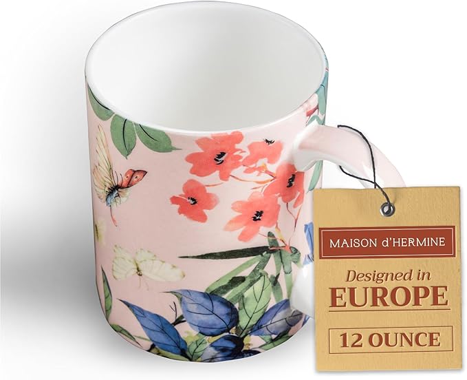 Maison d' Hermine Coffee Mug with Handles Fine Bone China Mugs Pack of One Tea Cups for Hot Beverages Cappuccino Latte Home Restaurant Office Perfect for Gift (Canne - Fargesia, 12 Ounce)
