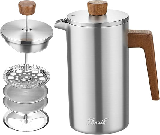 shoxil French Press Coffee Maker, 34oz Stainless Steel Coffee Press Real Wood Handle, Double Wall Insulated French Coffee Press with Dual-Filter Screen, Perfect for Camping & Kitchen Use