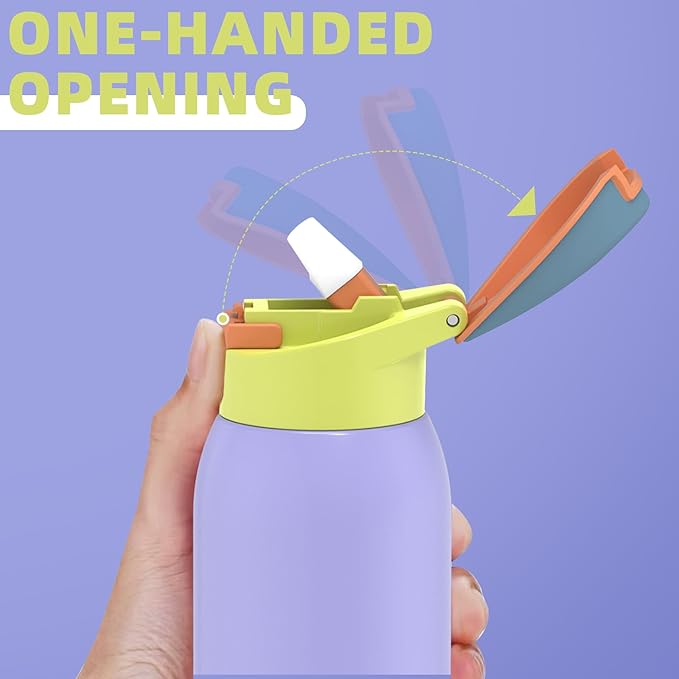koodee 24oz Free-sip Insulated Stainless Steel Water Bottles with Soft Straw,Quick Flip GO Bounce cup Thermo-flask,Pop & Fill Double-Wall Vacuum Bottle,for Sports & Travel,BPA-Free (Sky Pop)