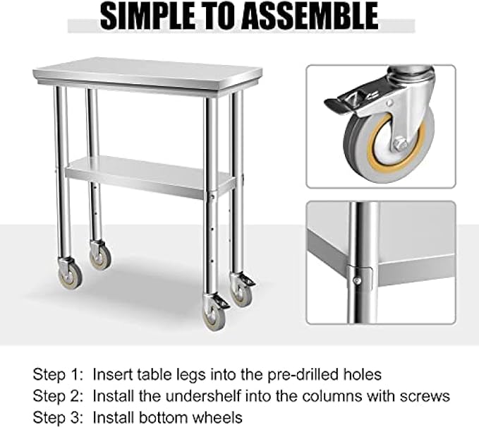 Stainless Steel Table - Metal Table Cart - Commercial Workbench with Caster Wheel - NSF Certified - for Restaurant, Warehouse, Home, Kitchen, Garage,24''x12''