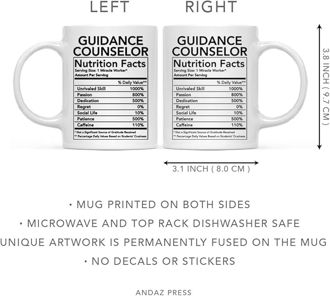 Andaz Press Funny 11oz. Ceramic Coffee Tea Mug Thank You Gift, Guidance Counselor Nutritional Facts, 1-Pack