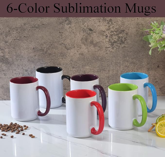 Sublimation Mugs, 15oz, 6 Assorted Colors 12Pack