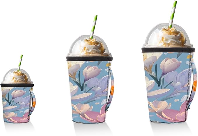 Reusable Iced Coffee Cup Sleeve Daffodils Neoprene Insulated Sleeves Cup Holder with handle Idea for 16oz - 18oz