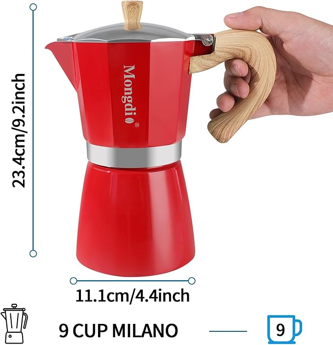 Mongdio Stovetop Espresso Maker Moka Pot, Cuban Coffee Maker Stove top coffee maker Moka Italian Espresso Greca Coffee Maker Brewer Percolator, 9 Espresso Cups, 15 oz - Red