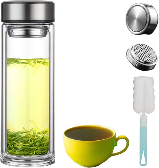 Tea Tumbler with Infuser, 12oz Double Wall Borosilicate Glass Tea Bottle, 350ml Leak-Proof with Stainless Steel Filter