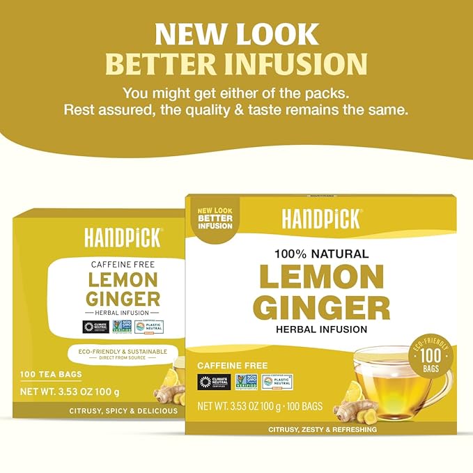HANDPICK, Lemon Ginger Herbal Tea - 100 Pyramid Tea Bags | 100% Natural Ingredients, Tasty & Citrusy Hand-made Blend of Lemon & Ginger | Caffeine Free, Gluten Free | No Artificial Ingredients