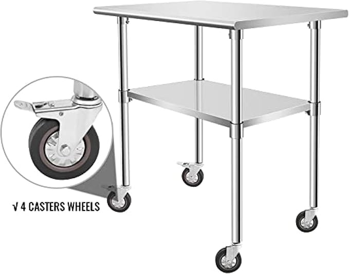 Stainless Steel Table - Metal Table Cart - Commercial Workbench with Caster Wheel - NSF Certified - for Restaurant, Warehouse, Home, Kitchen, Garage,36''x24''