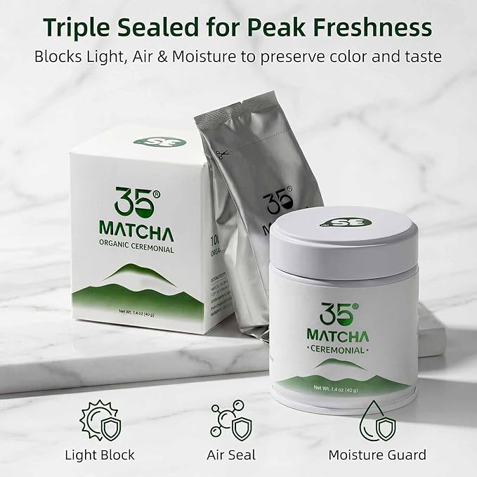 35°N MATCHA Organic Ceremonial Grade Matcha Powder, USDA Certified, 100% Pure Green Tea, First Harvest, No Additives, High in Antioxidants, L-Theanine & EGCG, Smooth Taste for Lattes & Baking, 1.4oz (40g)