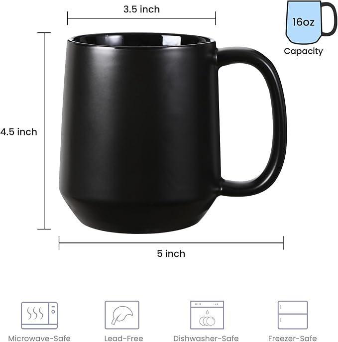 Miicol Ceramic Coffee Mug, 16 oz Large Coffee Cup, Tea Mug with Handle, Flat Bottom Mug for Men, Women, Office, Microwave and Dishwasher Safe, Multi-Color, Black