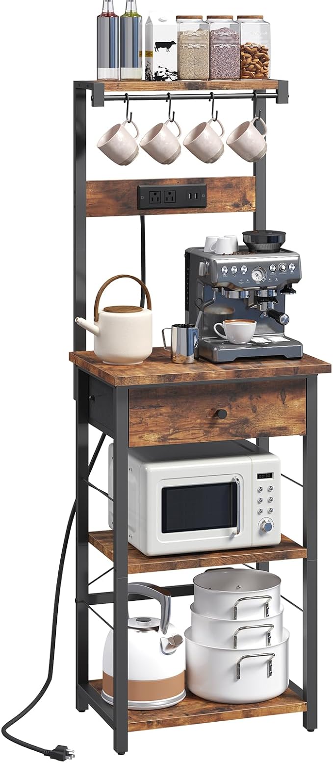 Bakers Rack with Drawer, Microwave Stand with Power Outlet, Coffee Bar Station with 4 Hooks, Kitchen Storage Shelf Rack 4 Tiers, for Kitchen, Dining Room, Rustic Brown and Black BRHR48E01