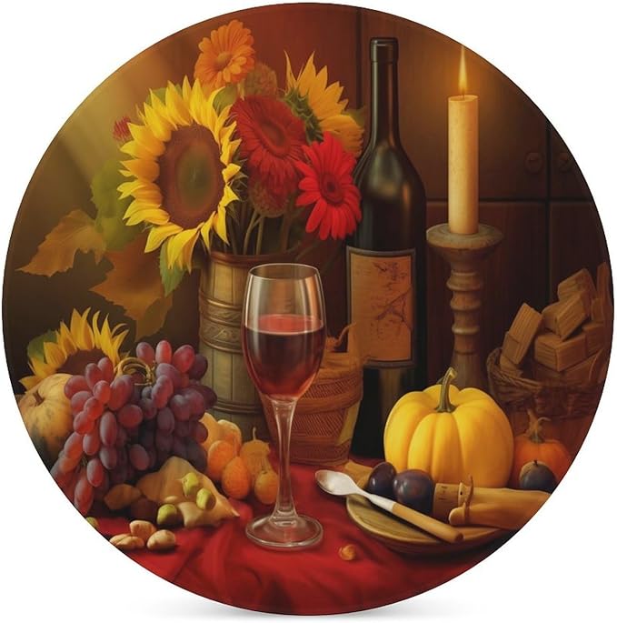 Round-6PCS Red Wine Drink Coasters, Round Modern Ceramic Absorbent Coasters, Retro Wood Red Wine Fruit Grapes Fruit Floral Sunflower Decor Desk Coffee Table Coaster for Beverage Cup Tea Coasters