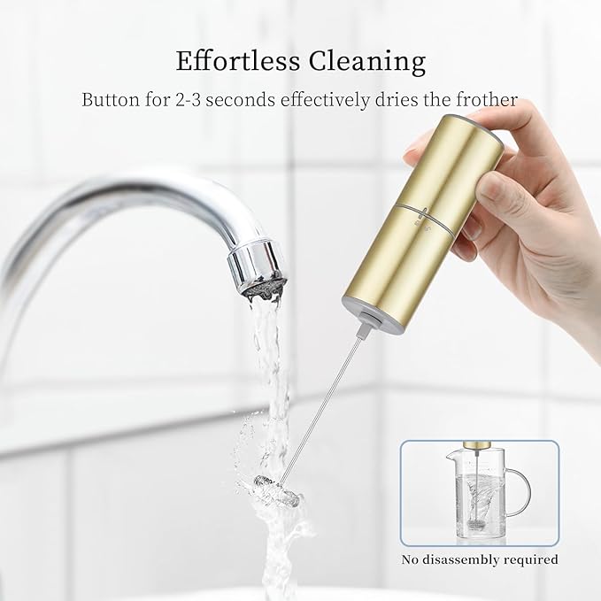 Battery Operated Coffee Frother by ELMWAY, Stainless Steel Electric Whisk, Mini Milk Frother Handled for Coffee, Latte, Matcha and Protein Powder (Gold without Stand)