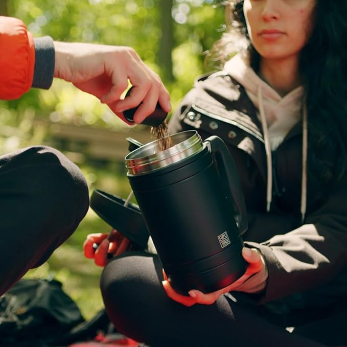 BruTrek BaseCamp Coffee Press - Double Wall Insulated Stainless Steel - Bru-Stop Technology, No Grounds in Coffee, No Spill Lid (Obsidian, 48 fl.oz)