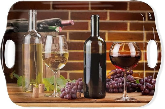 Serving Tray Decorative Tray with Handles Multi-Purpose Rectangular Serving Trays for Restaurant, Parties, Coffee Table, Kitchen - Red Wine Grapes