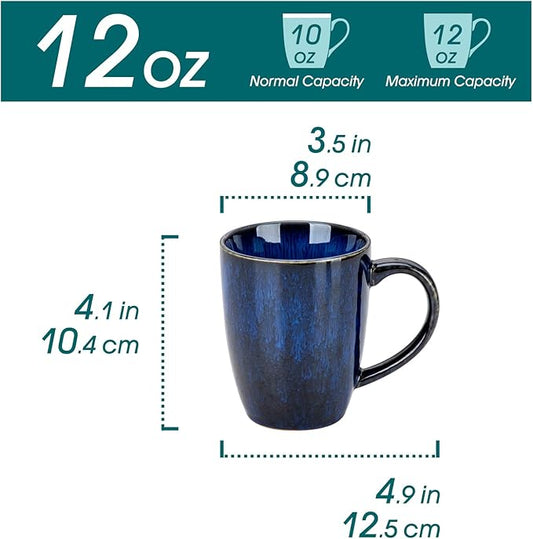 vancasso STARRY Ceramic Coffee Mug Set of 6, 12 Oz Tea Cups with Handle for Latte, Tea, Cappuccino, Milk, Cocoa, Microwave&Dishwasher Safe,Blue