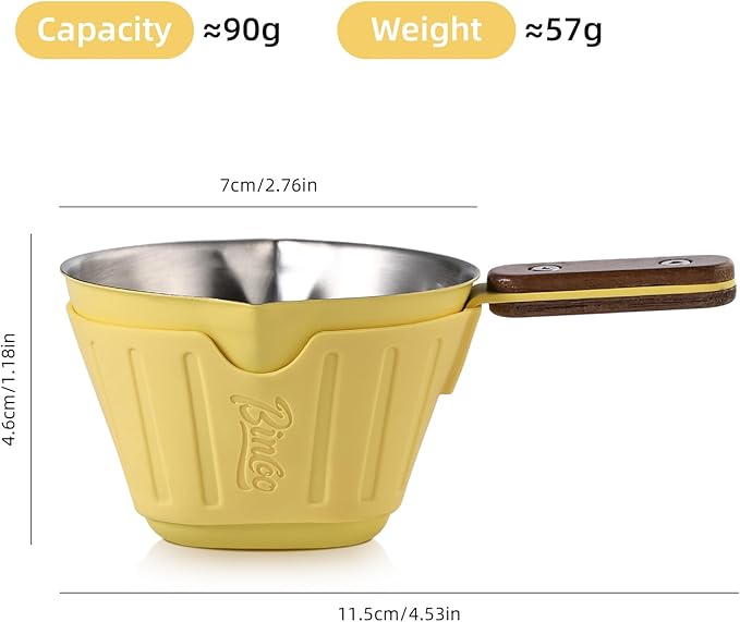 Espresso Shot Cup with Dual Spout - Espresso Measuring Cup with Wood Handle and Anti-Scald Cover, Stainless Steel Espresso Pouring Cup for Home & Cafe Use, 90ML/3oz