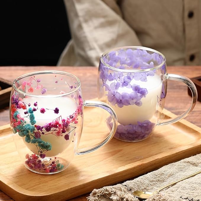 Double Wall Glass Coffee Mugs, 12 oz Clear Floral Insulated Glass Cups with Handle, Hand Blown Borosilicate Coffee Mug for Espresso, Cappuccino, Latte, Tea & Hot Beverages (Mix)