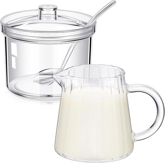 Baderke 3 Pcs Sugar and Creamer Set, 8.5 Ounce Acrylic Cream Pitcher, Glass Sugar Bowl with Lid and Spoon, Cream and Sugars Set, Coffee Serving Sets Wedding Gift