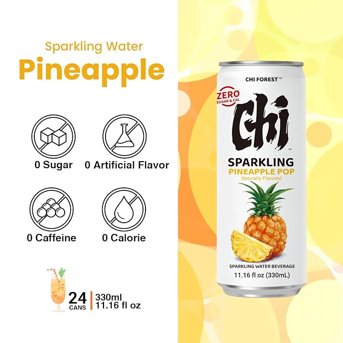 CHI FOREST Pineapple Sparkling Water Beverage, Zero Sugar Drinks, Zero Artificial Flavor, 11.16 fl oz Cans (Pack of 24)