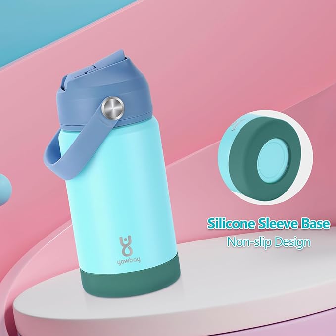Kids Insulated Water Bottle with Straw Lid & Silicone Handle,12oz Kids Leak Proof Water Bottle for School Boys Girls,Double Wall Vacuum Stainless Steel with Non-slip Silicone Base(Light Green)