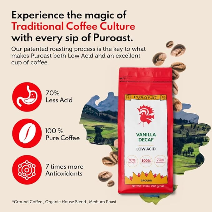 Puroast Low Acid Coffee Decaf | Vanilla Ground | Medium Roast | High Antioxidants & High pH |No Bitter Aftertaste | Reduced Heartburn & GERD | Suitable for Cold Brew - 2.2 LB