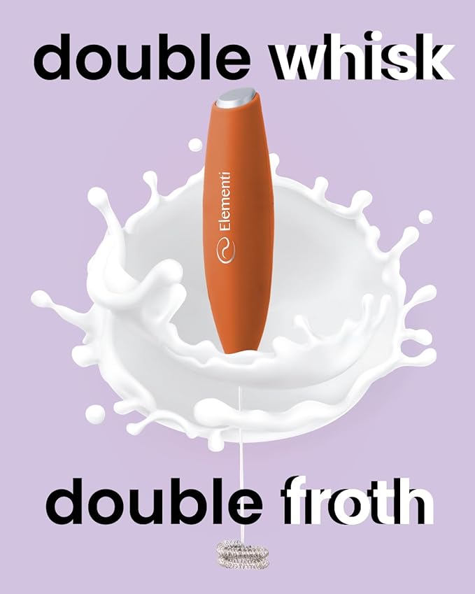Elementi Milk Frother Wand - Easy to Use Handheld Electric Stirrer for Powder Drinks, Durable & Powerful Coffee Whisk & Protein Powder Mixer Wand, Hand Frother, Coffee Stirrers Electric Mini (Orange)