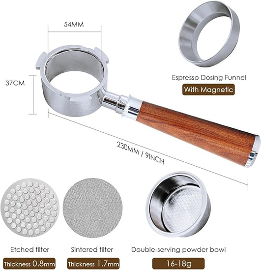 54mm Bottomless Portafilter with 3 Ears, Includes Magnetic Dosing Funnel, Etched & Sintered Filter Screens, Double Shot Basket, Stainless Steel Holder with Redwood Handle, Fits Breville54mm Machines