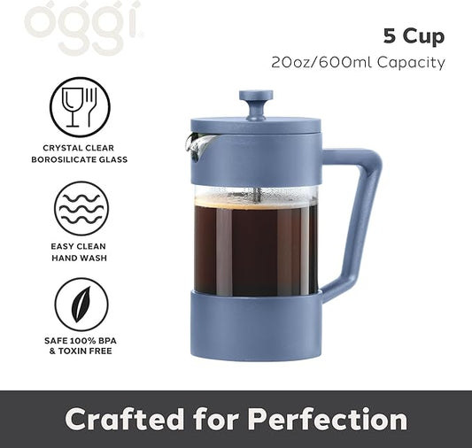 Oggi Borosilicate Glass French Press Coffee Maker (20oz)- 5 Cup Capacity, Coffee Press, Single Serve Coffee Maker, Stainless Steel Lid & Plunger, Make Great Coffee Gifts, Blue