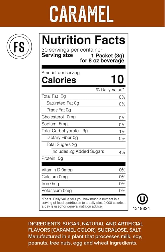Flavor Singles Caramel Powdered Sweetener Packets for Coffee & Tea, Travel Ready Single-Serve Syrup Alternative, 30 Count (Pack of 3)