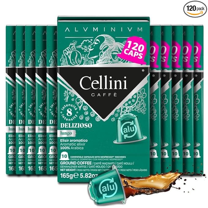 Cellini Caffè Delizioso Lungo Aluminum Nespresso Pods, 120 Count, Medium Roast Coffee Capsules, 100% Nespresso Original Machine Compatible
