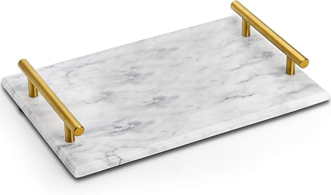 DEAYOU Decorative Tray with Gold Handles, Natural Marble Stone Tray, 12" Nightstand Serving Tray with Metal Handle, Perfume Tray Pastry Food Board for Bathroom, Vanity, Coffee Table, Desk, White