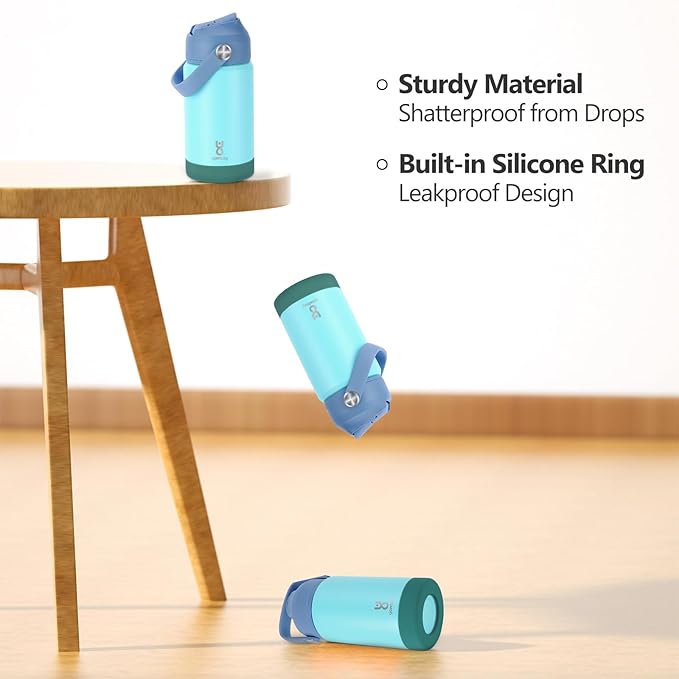 Kids Insulated Water Bottle with Straw Lid & Silicone Handle,12oz Kids Leak Proof Water Bottle for School Boys Girls,Double Wall Vacuum Stainless Steel with Non-slip Silicone Base(Light Green)