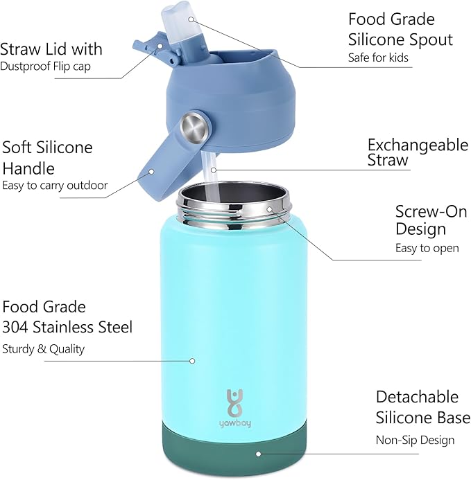 Kids Insulated Water Bottle with Straw Lid & Silicone Handle,12oz Kids Leak Proof Water Bottle for School Boys Girls,Double Wall Vacuum Stainless Steel with Non-slip Silicone Base(Light Green)