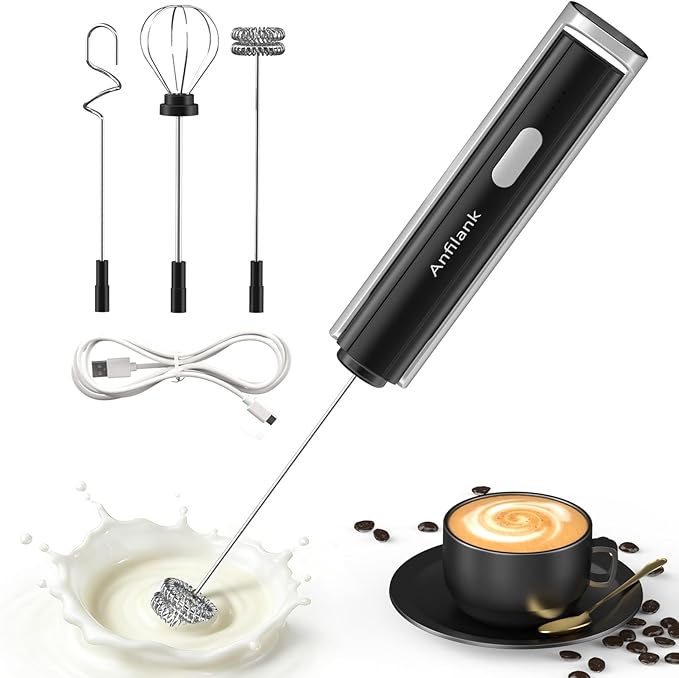 Handheld Milk Frother Wand, Rechargeable Electric Whisk with 3 Speeds & 3 Stainless Heads, Milk Foam Maker with Stand for Latte, Cappuccino, Hot Chocolate, Egg