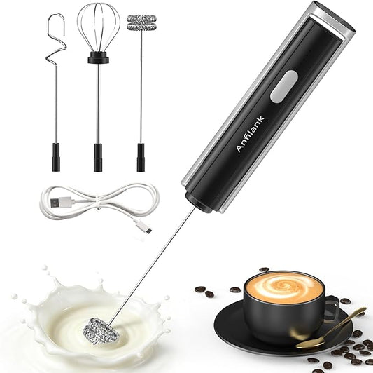 Handheld Milk Frother Wand, Rechargeable Electric Whisk with 3 Speeds & 3 Stainless Heads, Milk Foam Maker with Stand for Latte, Cappuccino, Hot Chocolate, Egg
