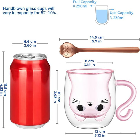 ecooe Cute Cat Mug Double Walled Glass Mug 290ml Coffee Cup Cappuccino Latte Glass Cup with Handle and Spoon, Clear Glass Coffe Mug Tea Cup Cat Birthday Christmas Gifts for Women Kids Girls Friends