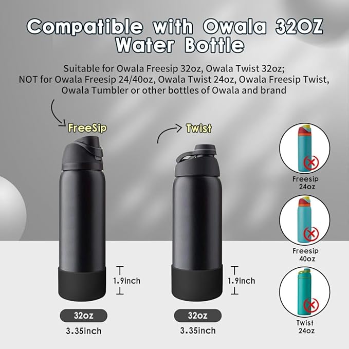 2PCS Silicone Water Bottle Boot, Compatible with Owala 24oz 32oz 40oz, Protective Anti-Scratch & Anti-Dent No Noise Sleeve Cover for FreeSip/Twist/Flip Water Bottles (Very Very Dark, 32oz)