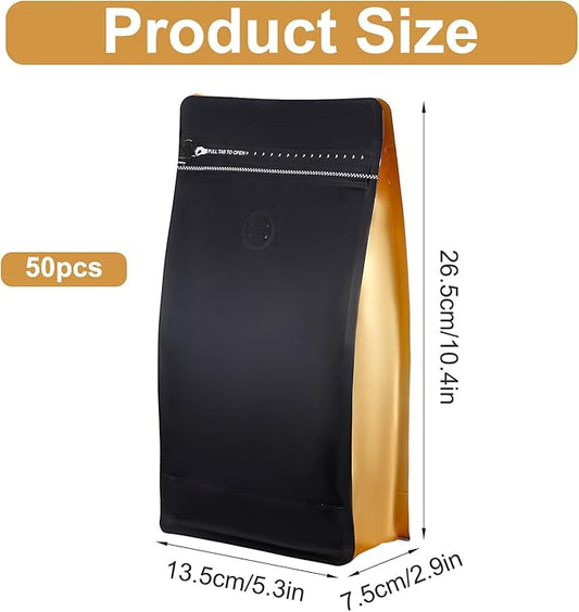 50 Pcs Coffee Bags With Valve Coffee Bags Coffees Beans Storage Bag Black High Barrier Foil Flat Bottom Reusable Heat Sealable Side Zipper Pouches for Home or Store 1 lb 500g