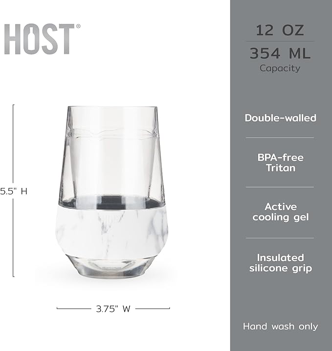 HOST Freeze XL Cooling Cup in Double Walled Insulated Freezable Drink Chilling Tumbler with Freezing Gel, 12 Ounces - Set of 2, Marble