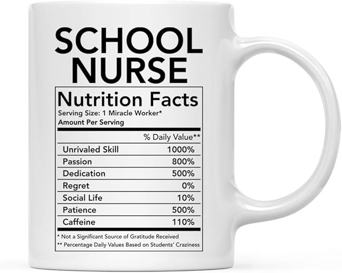 Andaz Press Funny 11oz. Ceramic Coffee Tea Mug Thank You Gift, School Nurse Nutritional Facts, 1-Pack