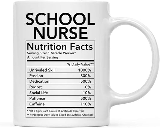 Andaz Press Funny 11oz. Ceramic Coffee Tea Mug Thank You Gift, School Nurse Nutritional Facts, 1-Pack