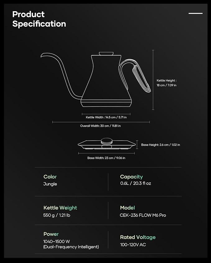Cocinare Color-changing Collection Jungle Gooseneck Electric Kettle, ±0.5℉ Precise Temperature Control for Pour-Over Coffee & Tea, Quick Heating 1500W, Stainless Steel Interior, 0.9L