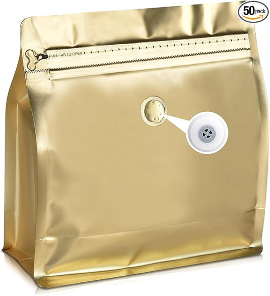 50 Count 8oz Coffee Bags with Valve,1/2 lb Vented Coffee Beans Packaging Bags High Barrier Aluminumed Foil Flat Bottom Heat Sealed Side Zipper Resealable Storage Bag for Home or Business（Gold）