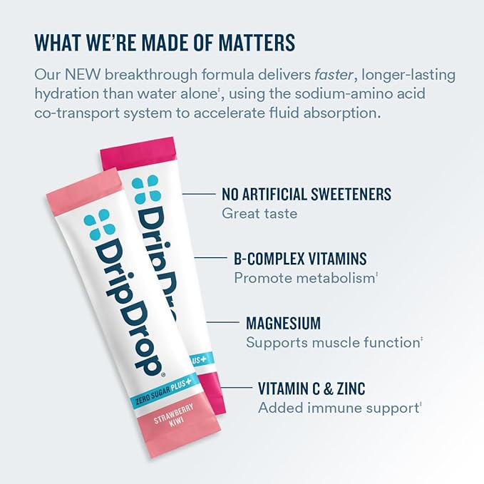 DripDrop Zero Sugar Plus - Sugar Free Hydration Packets - Single Serve Electrolytes Powder Drink Mix - Strawberry Kiwi, Peach, Cherry Limeade, Wild Berry - Non-GMO, Gluten Free, Vegan - 8 Sticks