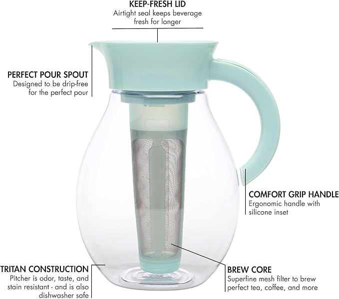 Primula The Big Iced Tea Maker and Infuser, Plastic Beverage Pitcher with Leak Proof, Airtight Lid, Fine Mesh Reusable Filter, Made without BPA, Dishwasher Safe, Aqua (Pack of 4)